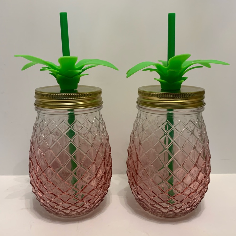 Lot of 2 Pineapple Glass Water Bottle Tumblers